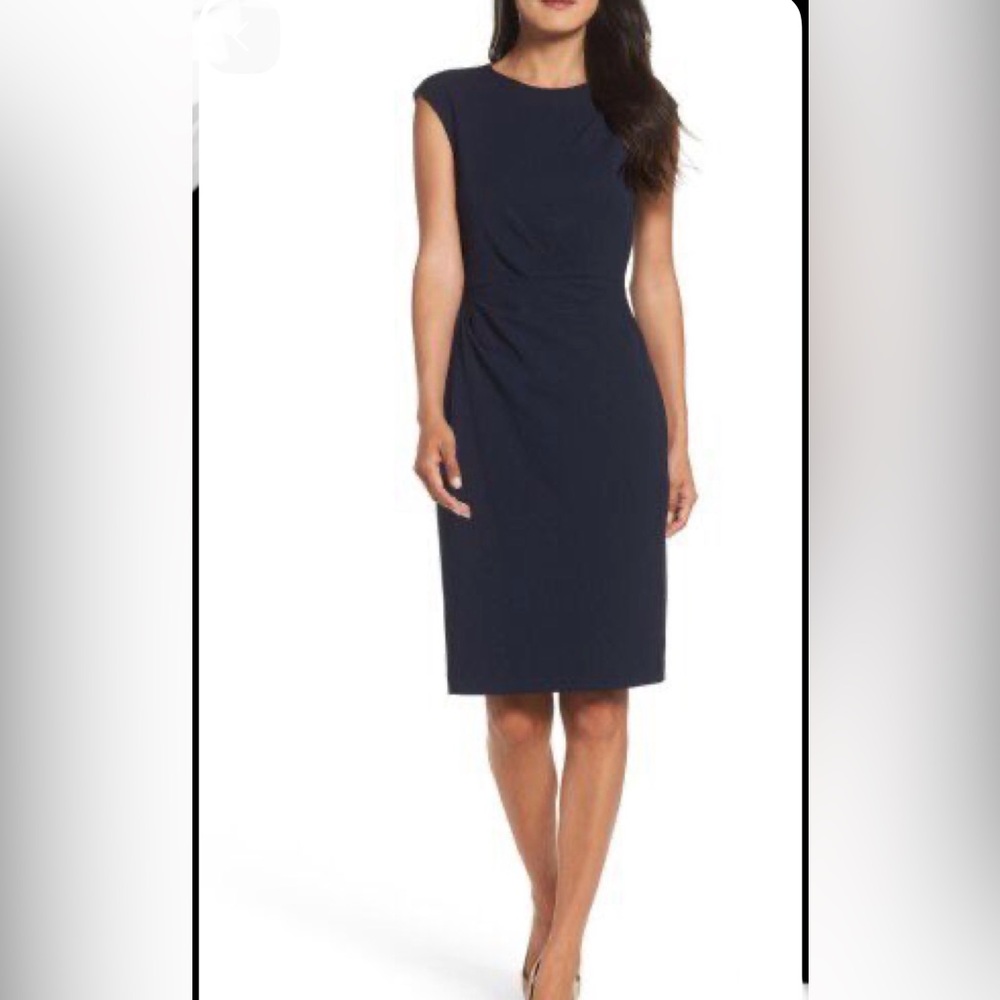 Bestey Johnson Solid Navy Blue Ruched Ponte Sheath Dress Women’s Size 8 - Picture 2 of 10